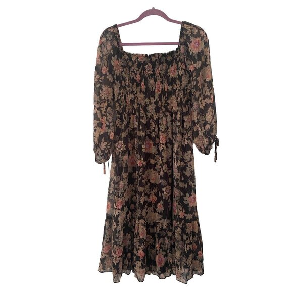 LAUREN CONRAD Smocked Off Shoulder Midi Dress Black Floral Boho Medium - Picture 2 of 5